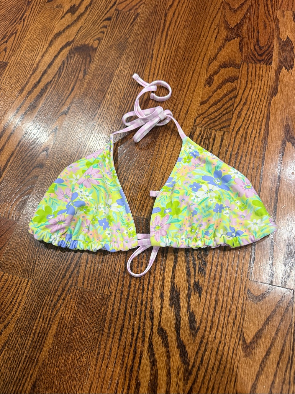 Reversible Floral Pastel Triangle Bikini Top - Pink, Lime & Blue
